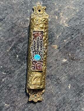 Michal Golan Handcrafted Brass Mezuzah Case with Hamsa, Beads, and Blue Faux Opa